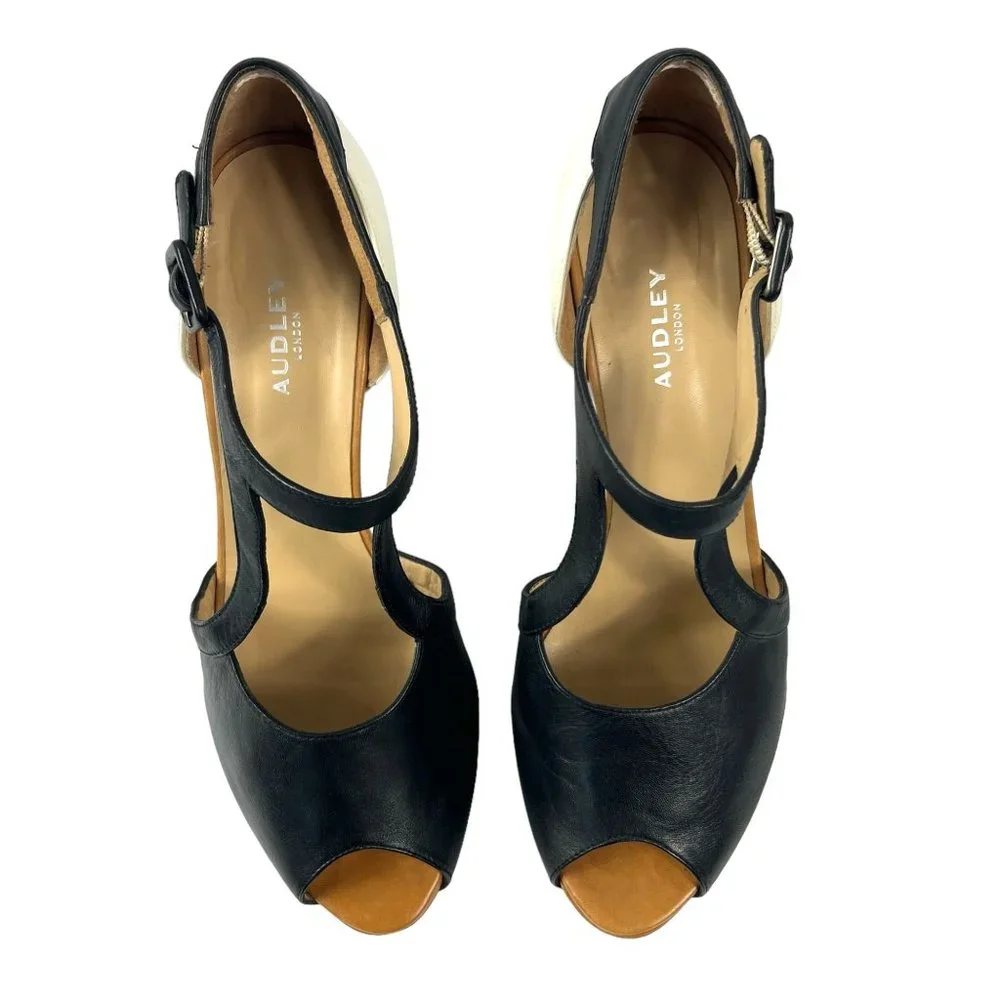 Audley London Leather Peep Toe High Heel Pumps in Black Multi Retro Pinup Sz 40 - Picture 2 of 11